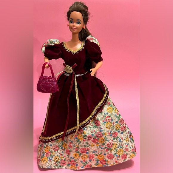Mattel Other - Mattel Long Brown Hair, Fancy Flowered Velvet Dress with Purse, Barbie Doll